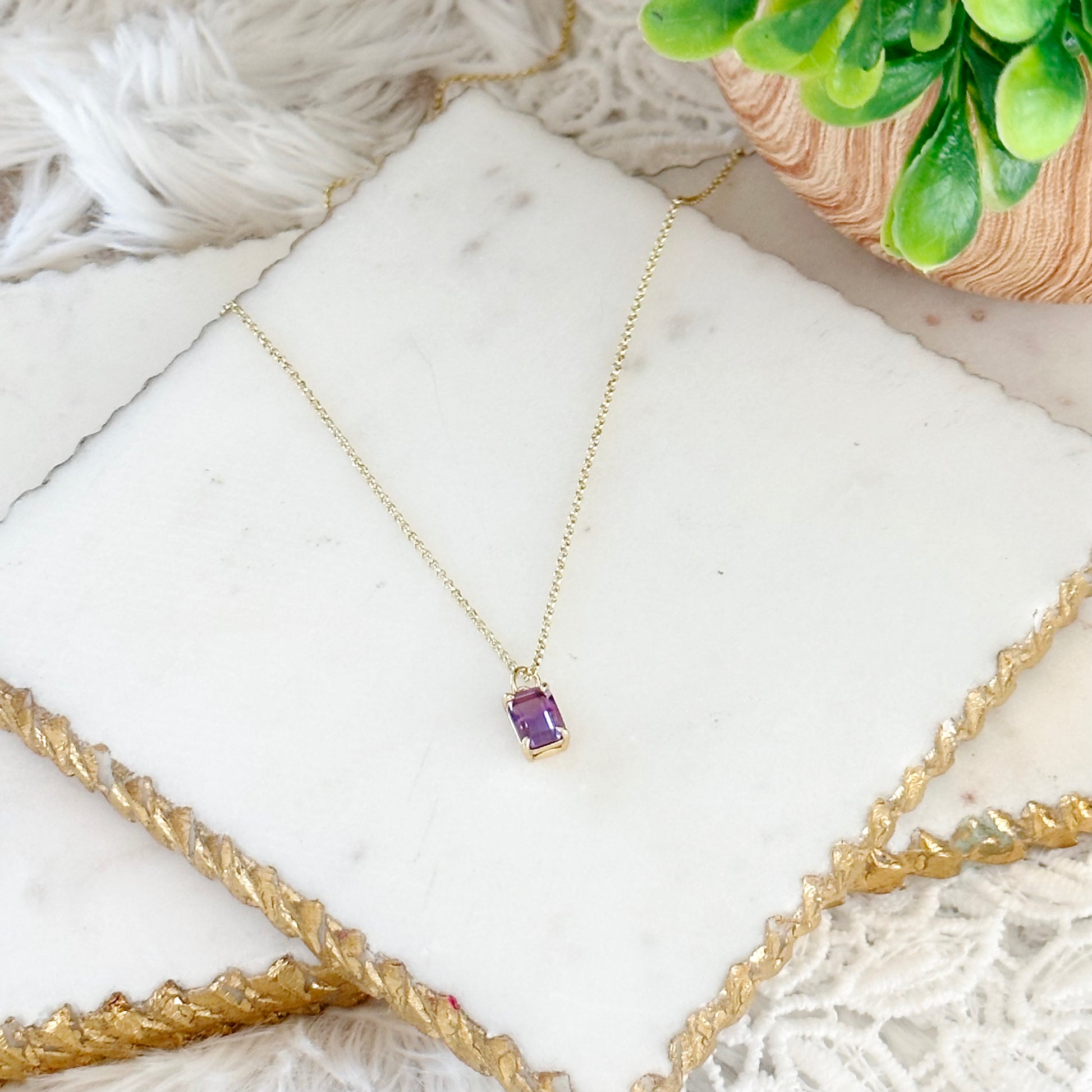 Gold filled purple amethyst baguette pendant necklace 