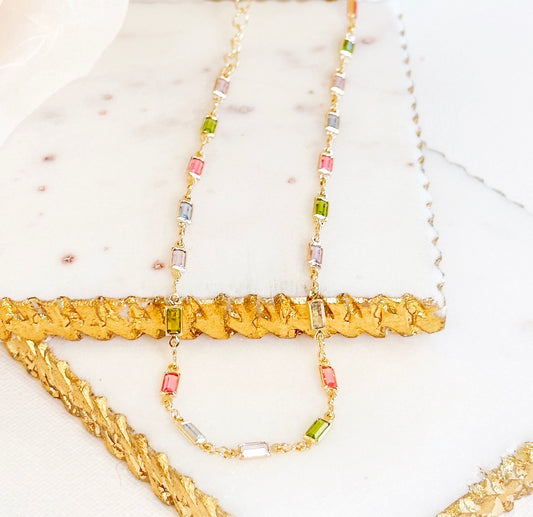 Gold filled multi colored cubic zirconia stone necklace 